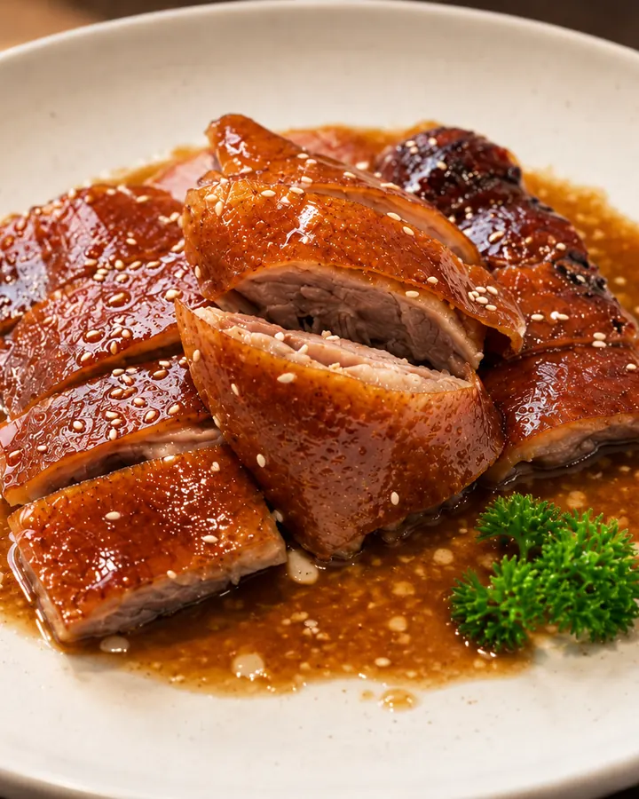 Cantonese roast goose with glossy mahogany skin, sliced and served in savoury sauce with toasted sesame