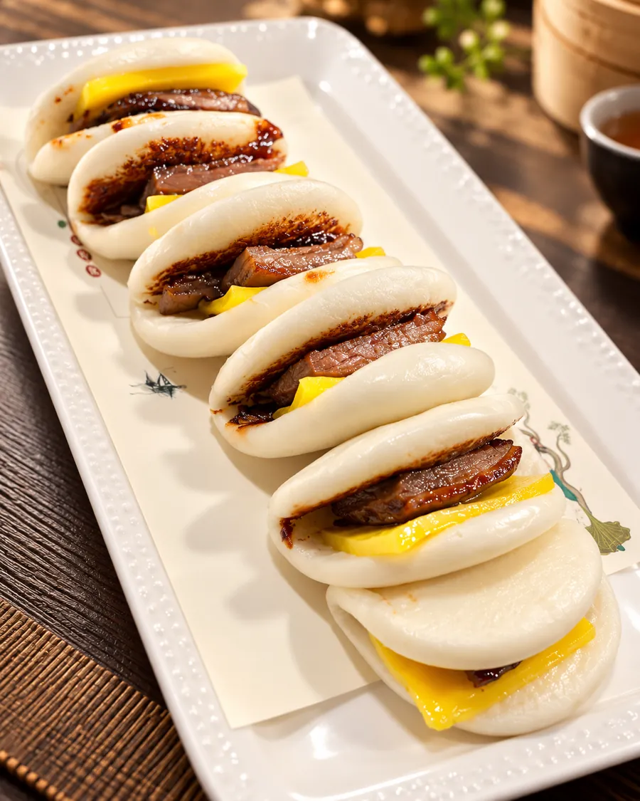 Steamed buns filled with roast goose, mango and sauce, lined up on a platter