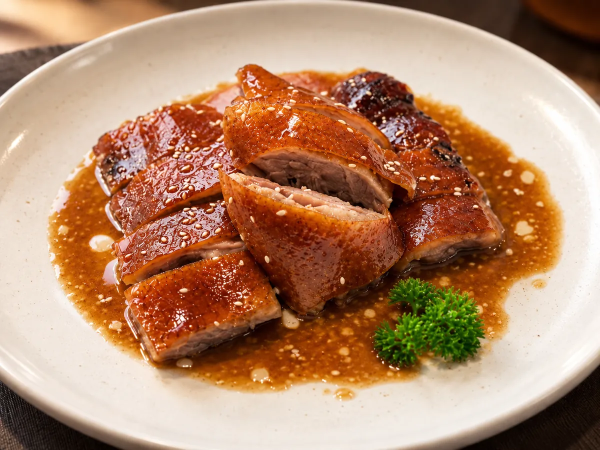 Cantonese roast goose with glossy mahogany skin, sliced and served in savoury sauce with toasted sesame