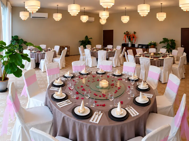 VIP hall set for a banquet, with round tables and white chair covers